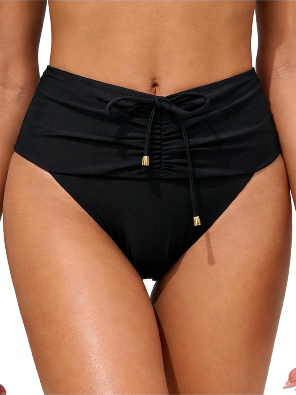 Women's High Waisted Black Ruched Bikini Bottom